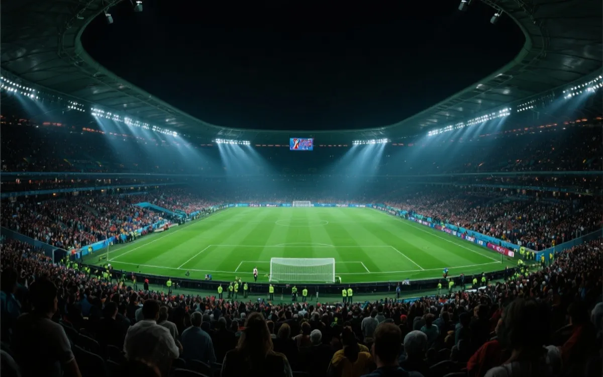现代世界杯决赛夜的球场灯光与球迷浪潮