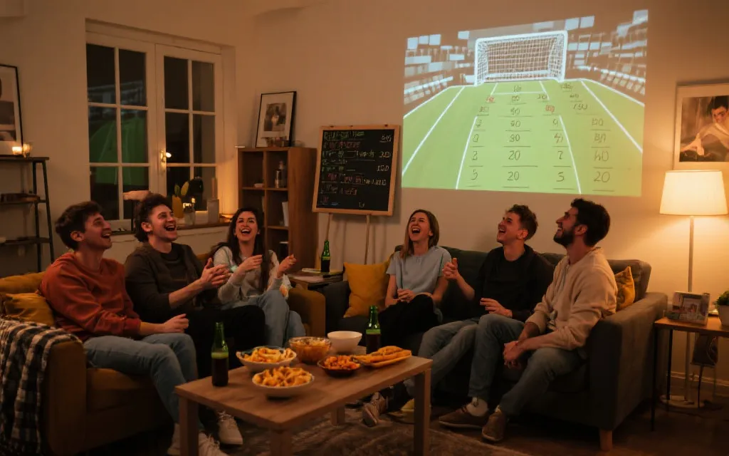 朋友在客厅围坐观赛：投影画面、桌上小食、手写比分预测板的社交氛围