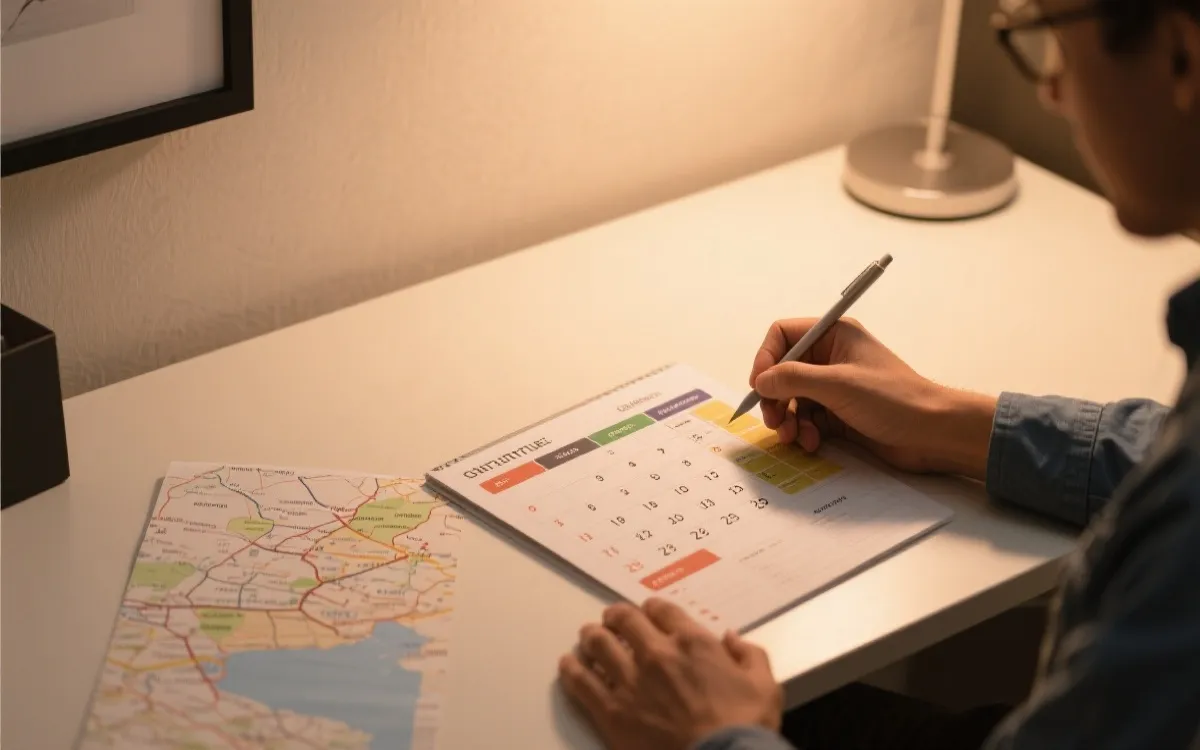 旅行者在笔记本上规划赛程与酒店订单，旁边有日历与地图